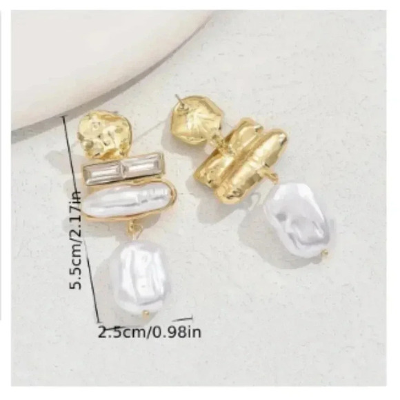 Gold Tone Earrings - Faux Pearl & Rhinestone Accents - Stud Style with Drop - Picture 2 of 4